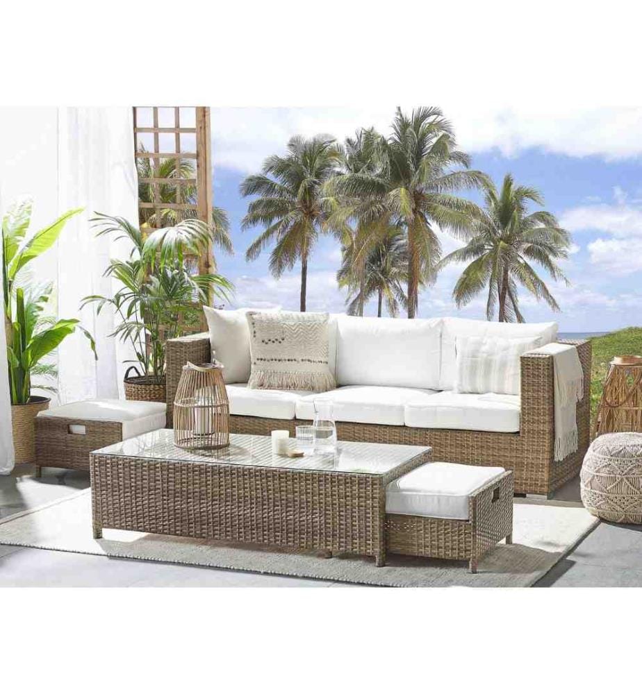 Lounge Set mit Tisch und Ottomane 5-Sitzer BELLUNO Polyrattan Weiss