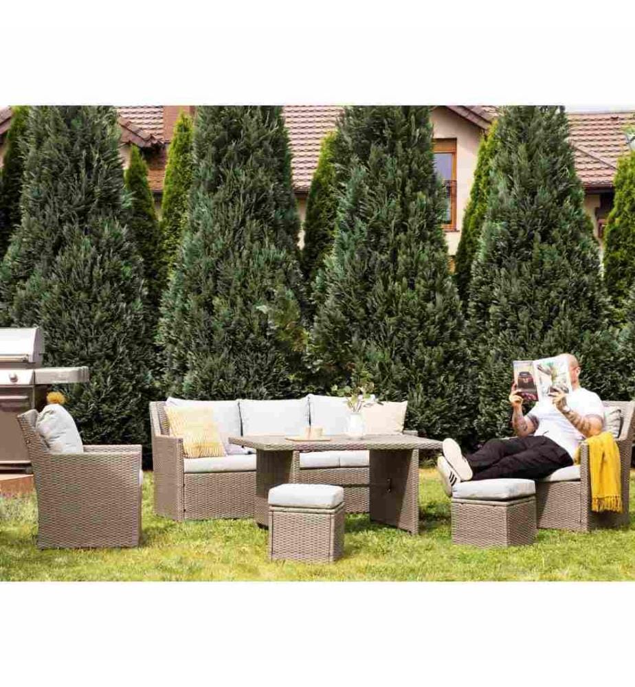 Set salotto da giardino con tavolo e pouf 5 posti FONTI con cuscini Rattan sintetico (PE) Tortora
