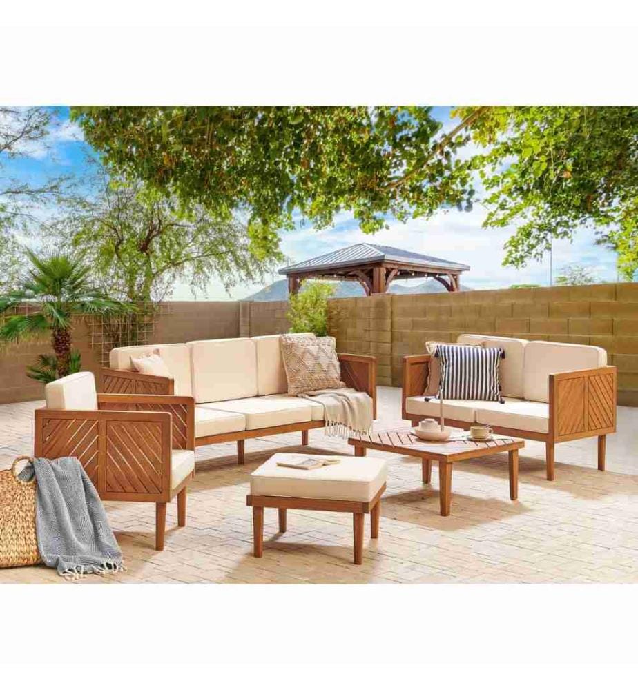Set salotto da giardino con tavolo e pouf 6 posti BARATTI Legno d'acacia Marrone