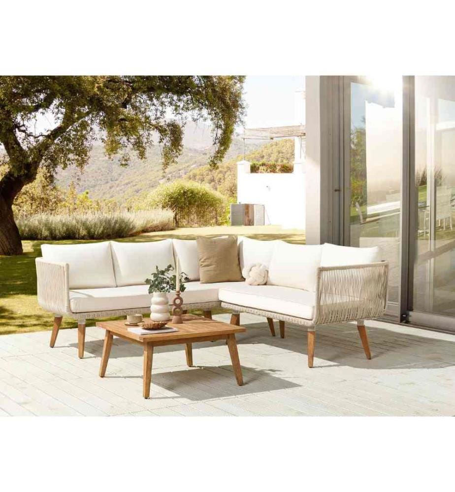 Garten Ecksofa mit Tisch 5-Sitzer ALCAMO linksseitig Akazienholz Hellbeige