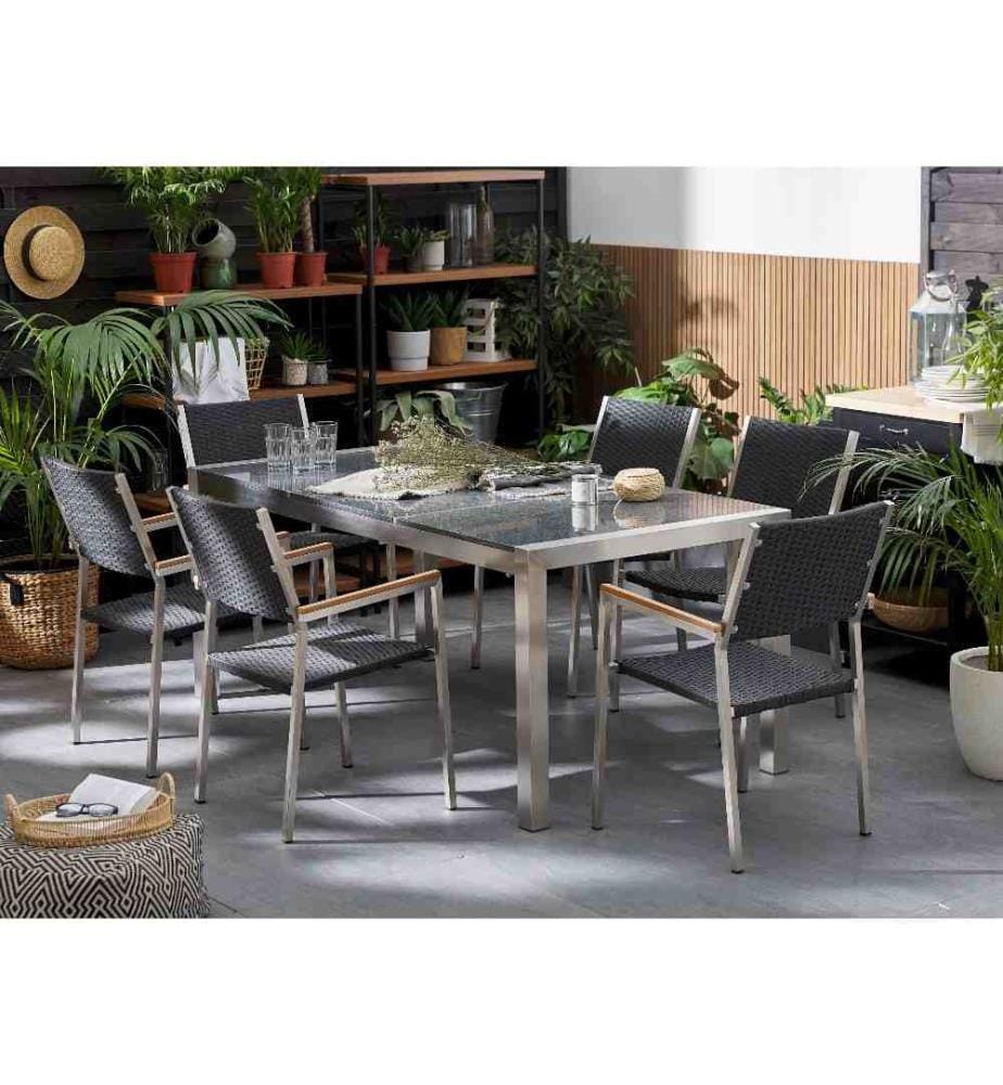 Set da pranzo da giardino 6 posti GROSSETO Piastra tripla Granito Lucido Grigio/Nero