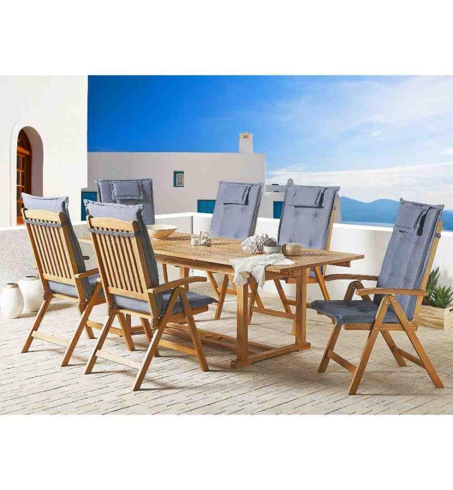 Set da pranzo da giardino 6 posti JAVA con cuscini Legno d'acacia Blu