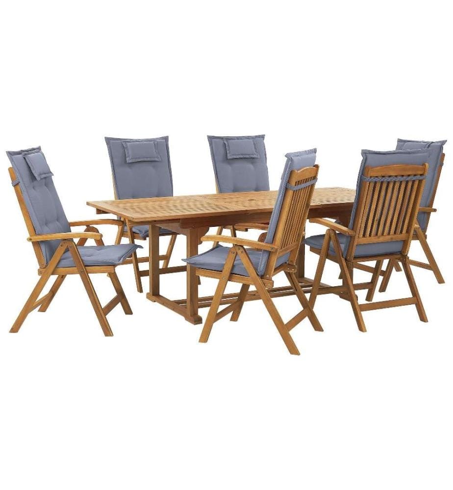 Set da pranzo da giardino 6 posti JAVA con cuscini Legno d'acacia Blu