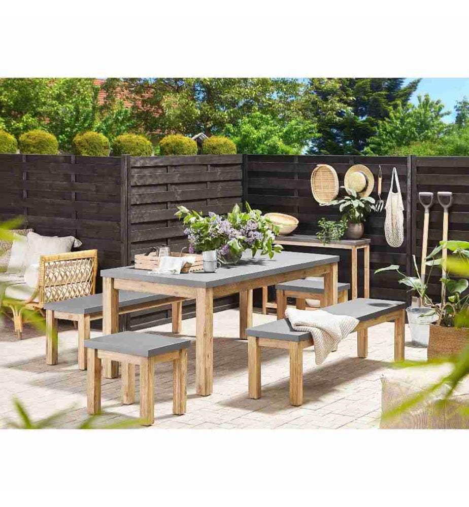 Set da pranzo da giardino con panche e sgabelli 8 posti OSTUNI Cemento Grigio