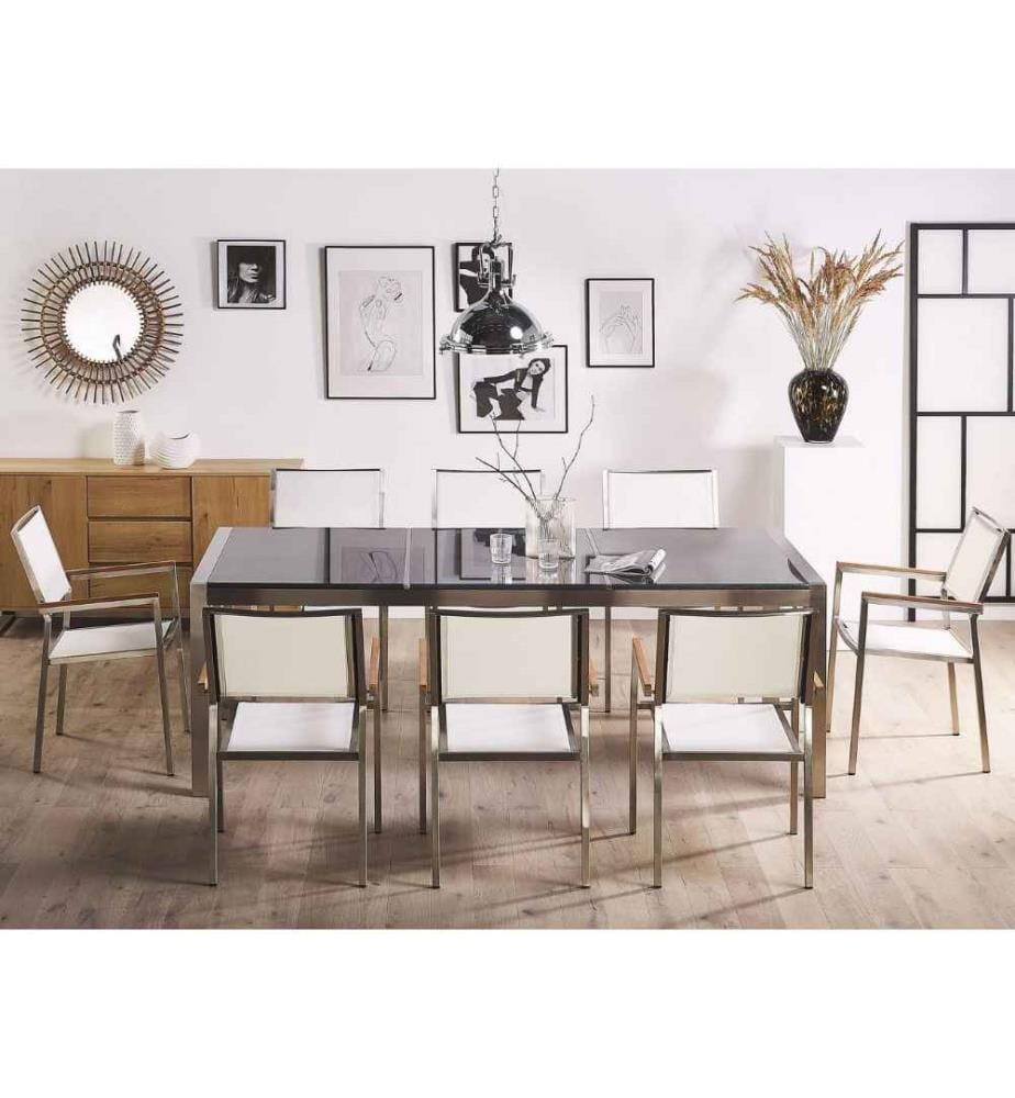 Set da pranzo da giardino 8 posti GROSSETO Piastra tripla Granito Lucido Grigio/Bianco
