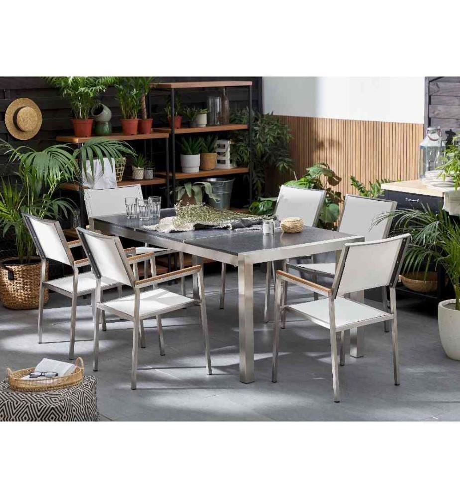 Set da pranzo da giardino 6 posti GROSSETO Piastra tripla Basalto fiammato Nero/Bianco