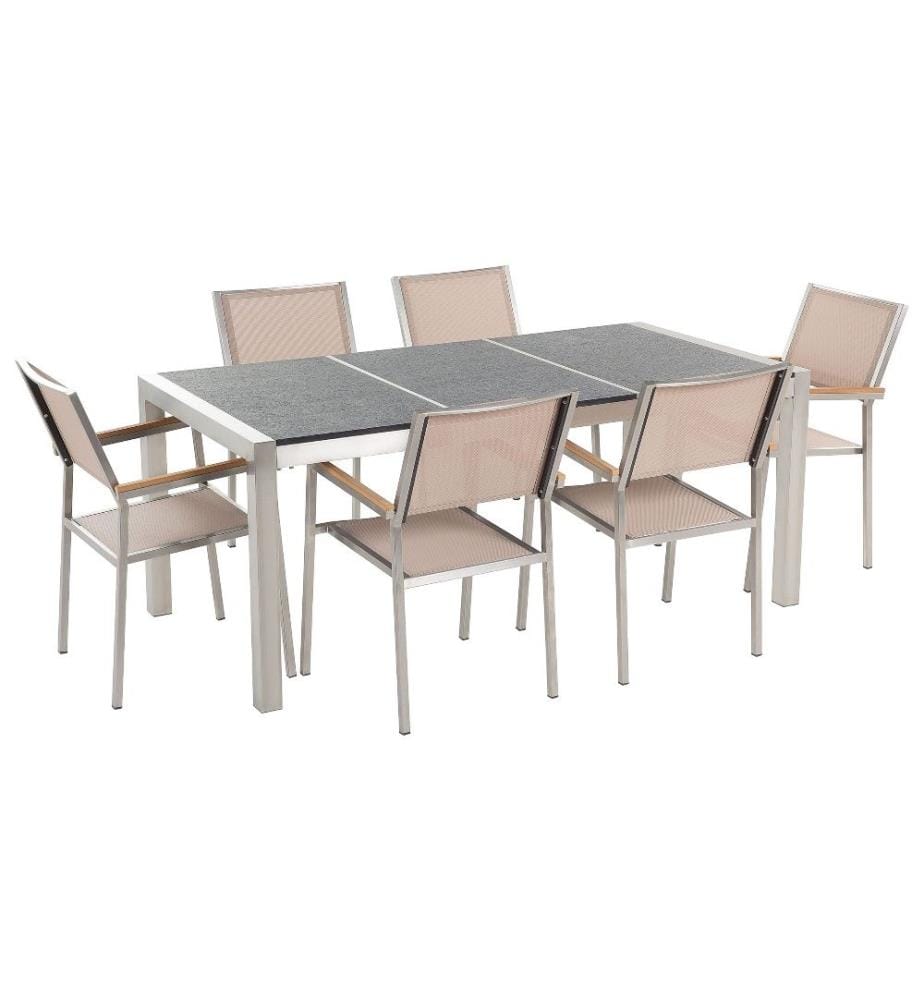 Set da pranzo da giardino 6 posti GROSSETO Piastra tripla Basalto fiammato Nero/Beige