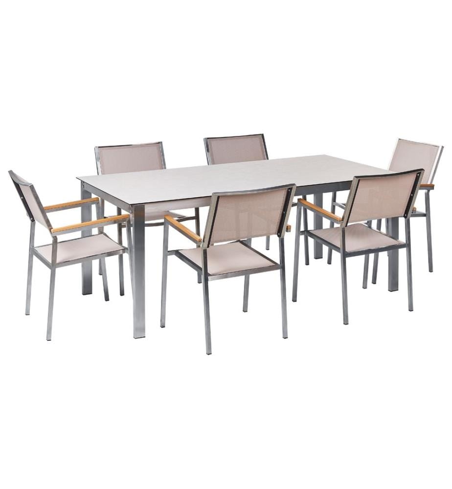 Set da pranzo da giardino 6 posti COSOLETO/GROSSETO Vetro temperato Effetto marmo Bianco/Beige