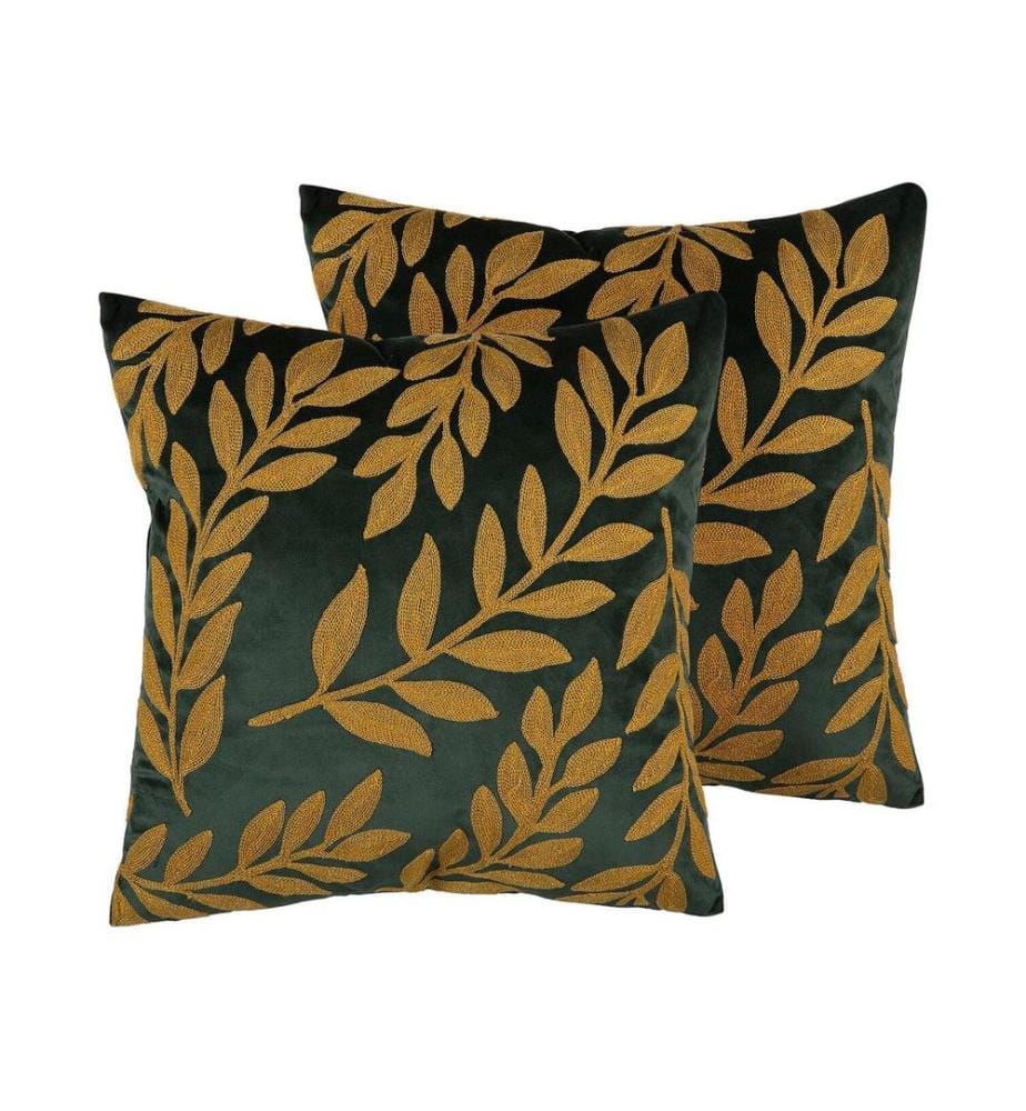 Lot de 2 coussins décoratifs MISTLETOE Velours 45 x 45 cm Vert Doré Motif de plante