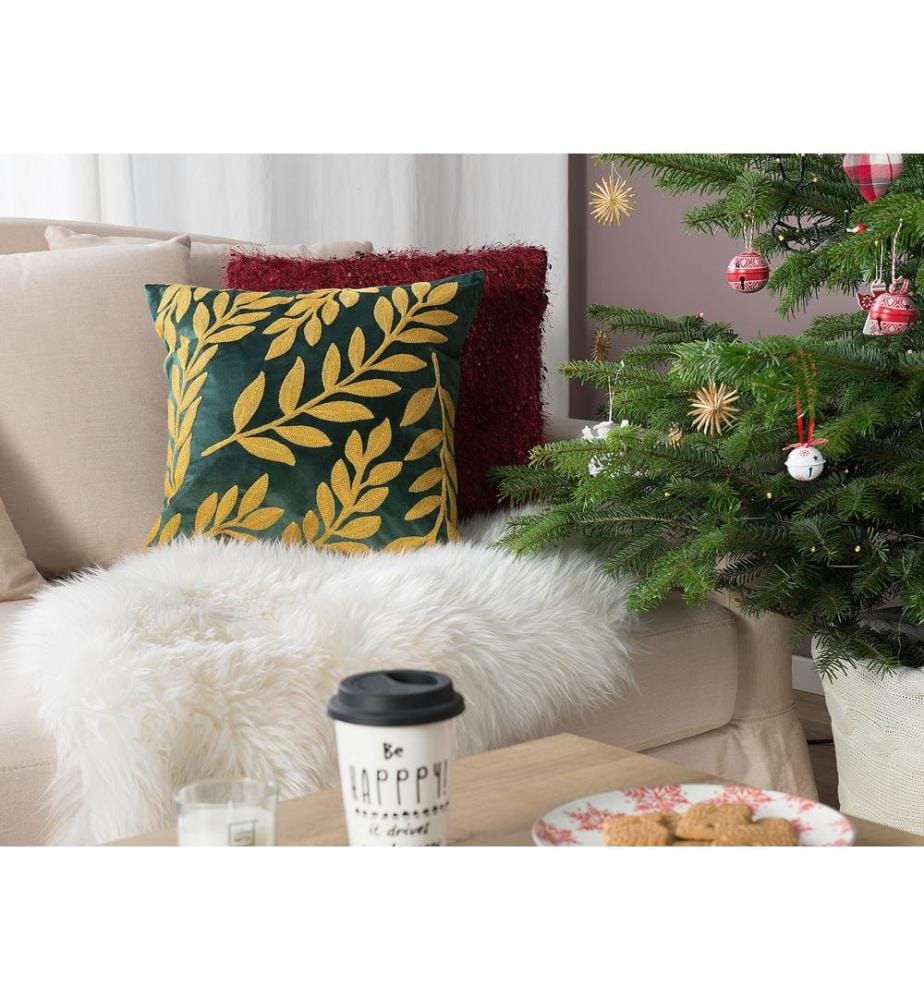 Lot de 2 coussins décoratifs MISTLETOE Velours 45 x 45 cm Vert Doré Motif de plante