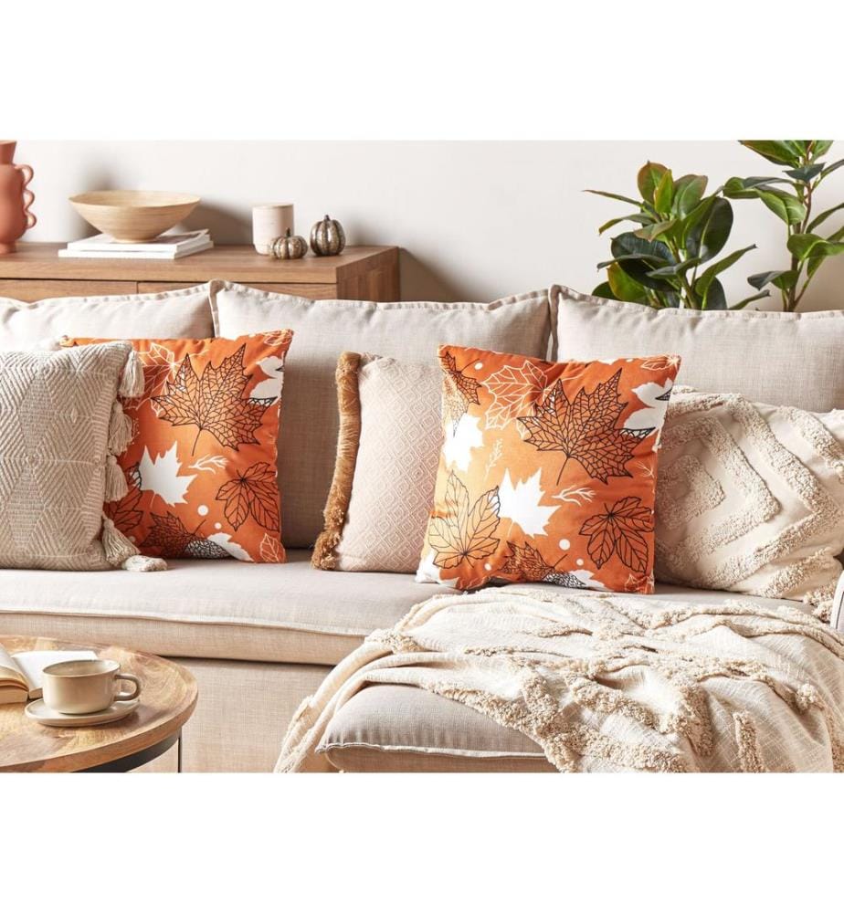 Dekokissen POINSETTIA Samtstoff 45 x 45 cm Orange Pflanzenmuster
