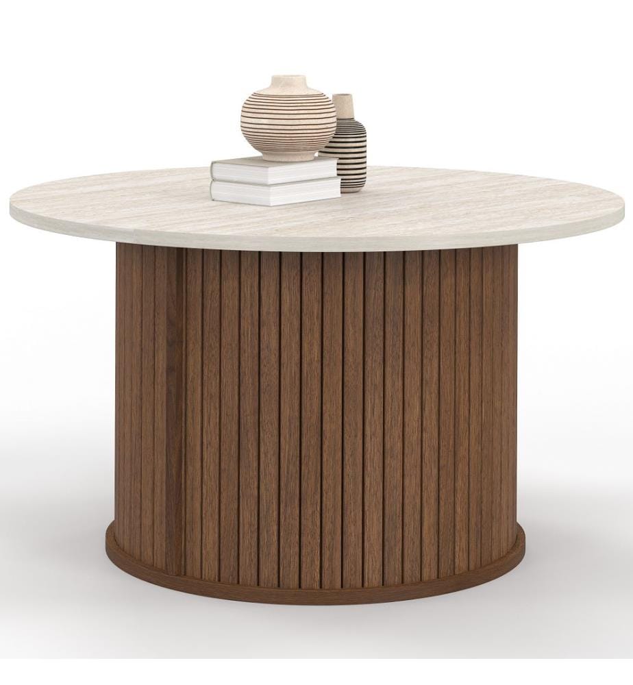 Runder Couchtisch „Albane“ – Travertin und Nussbaum