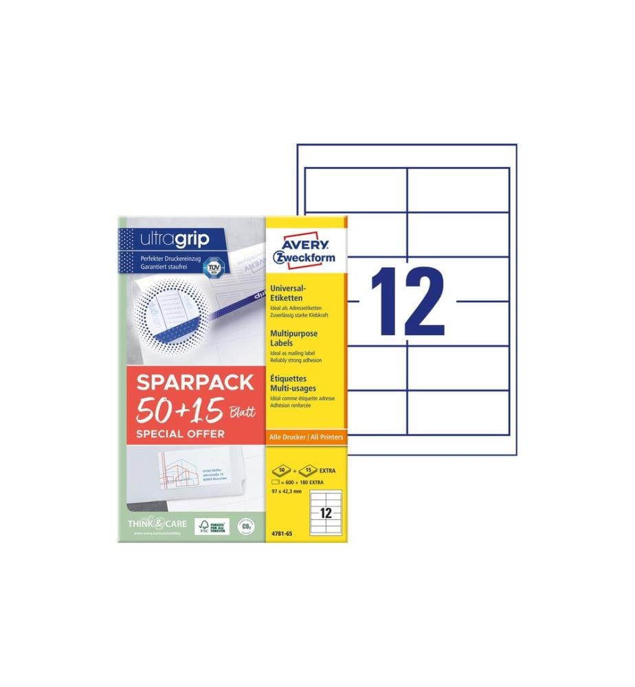 AVERY - Zweckform Étiquettes universelles 4781-65, 97 x 42.3 mm, 65 feuille