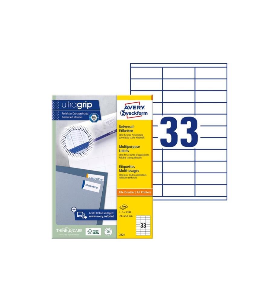 AVERY - Zweckform Étiquettes universelles 3421 70 x 25.4 mm, 100 feuille