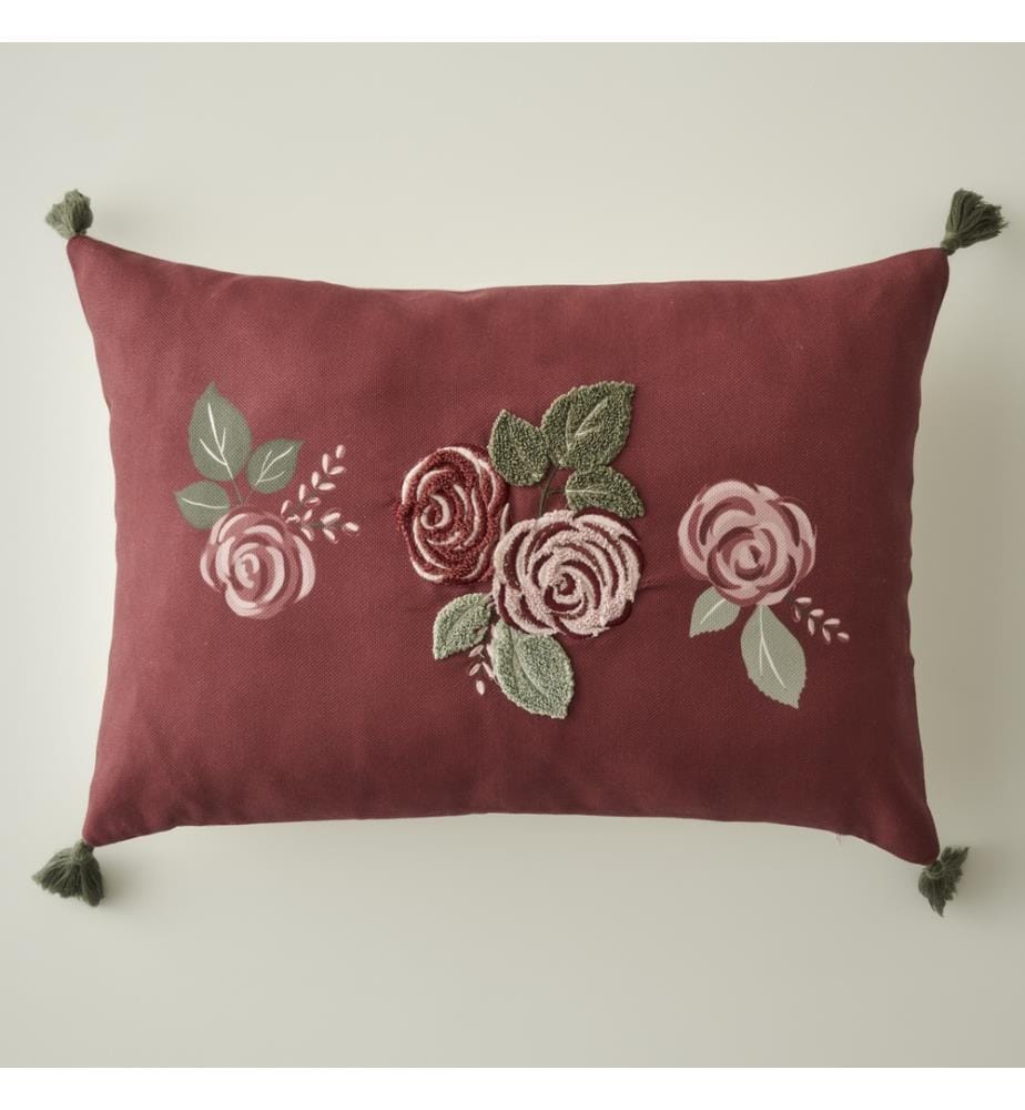 Housse de coussin décorative brodée Roses 35x50 cm - Bourgogne