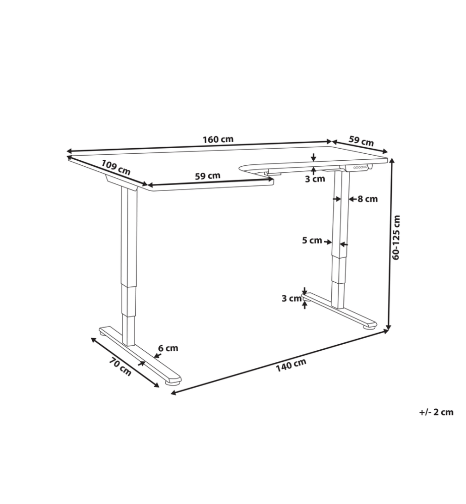 Bureau d'angle réglable électriquement DESTINES Noir 160 cm 109 cm Côté gauche