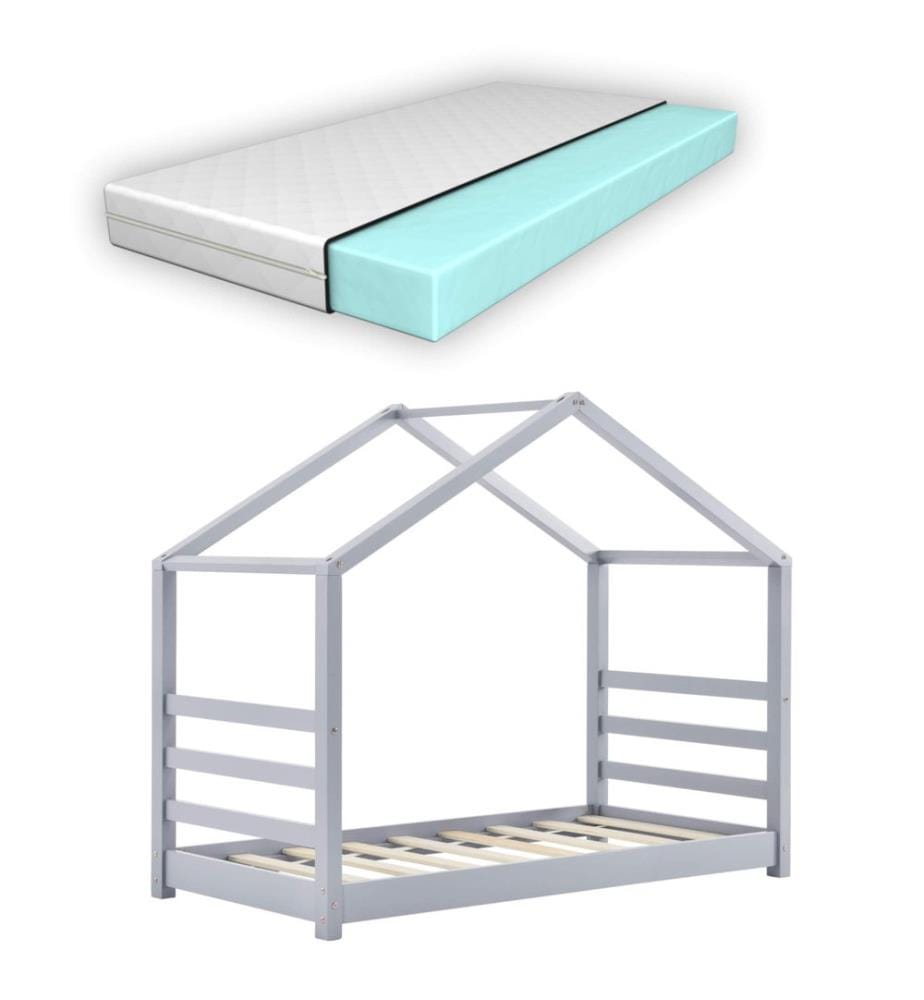 Letto per bambini Vardø 70x140 cm con materasso in legno grigio