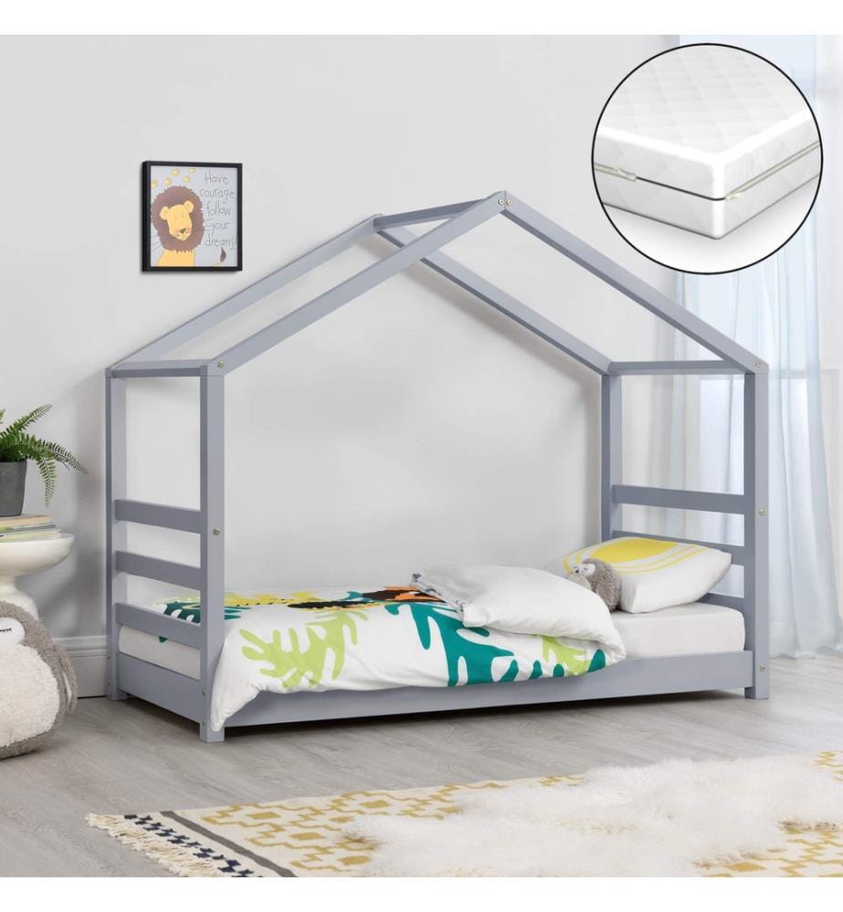 Letto per bambini Vardø 70x140 cm con materasso in legno grigio