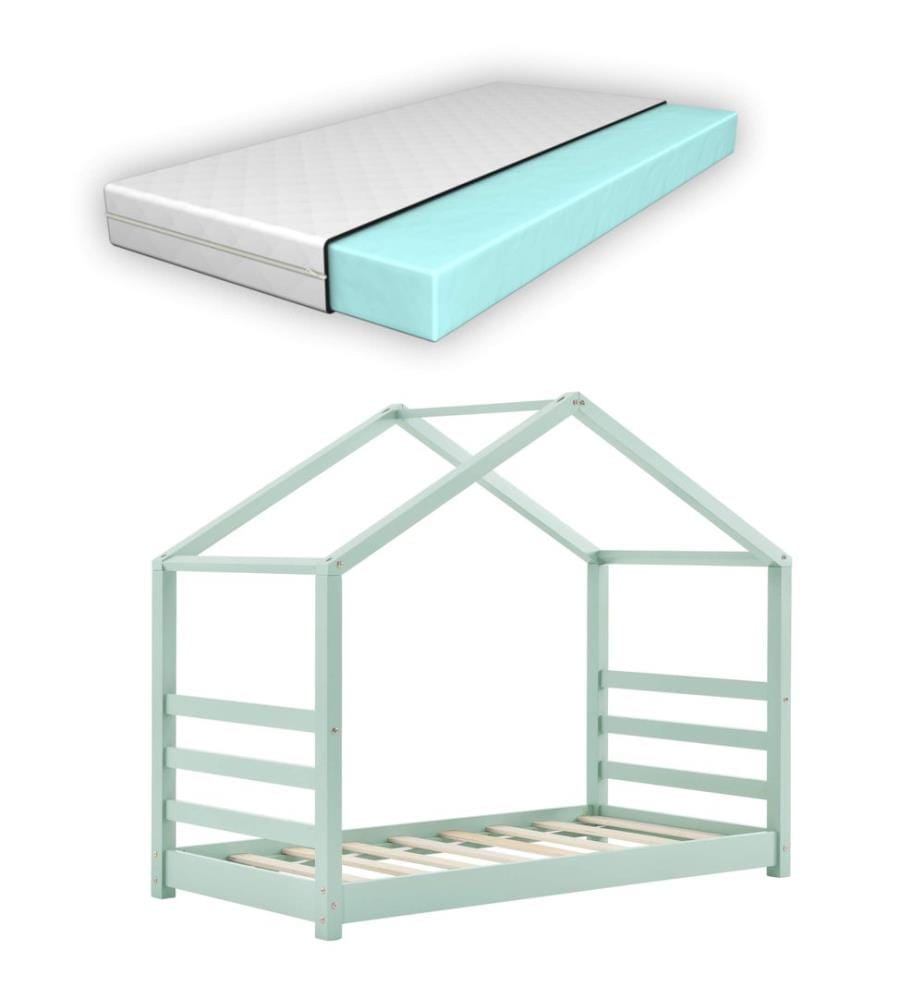 Letto per bambini Vardø 70x140 cm con materasso in legno verde menta
