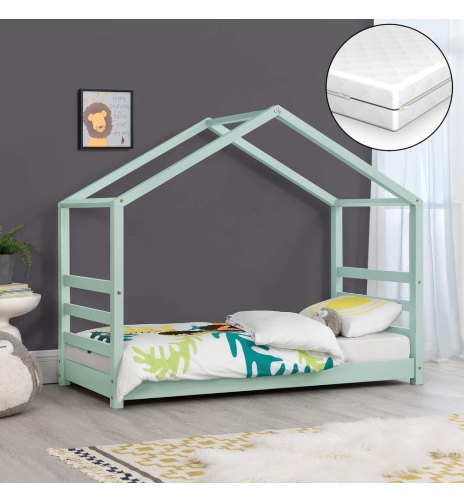 Letto per bambini Vardø 80x160 cm con materasso in legno verde menta