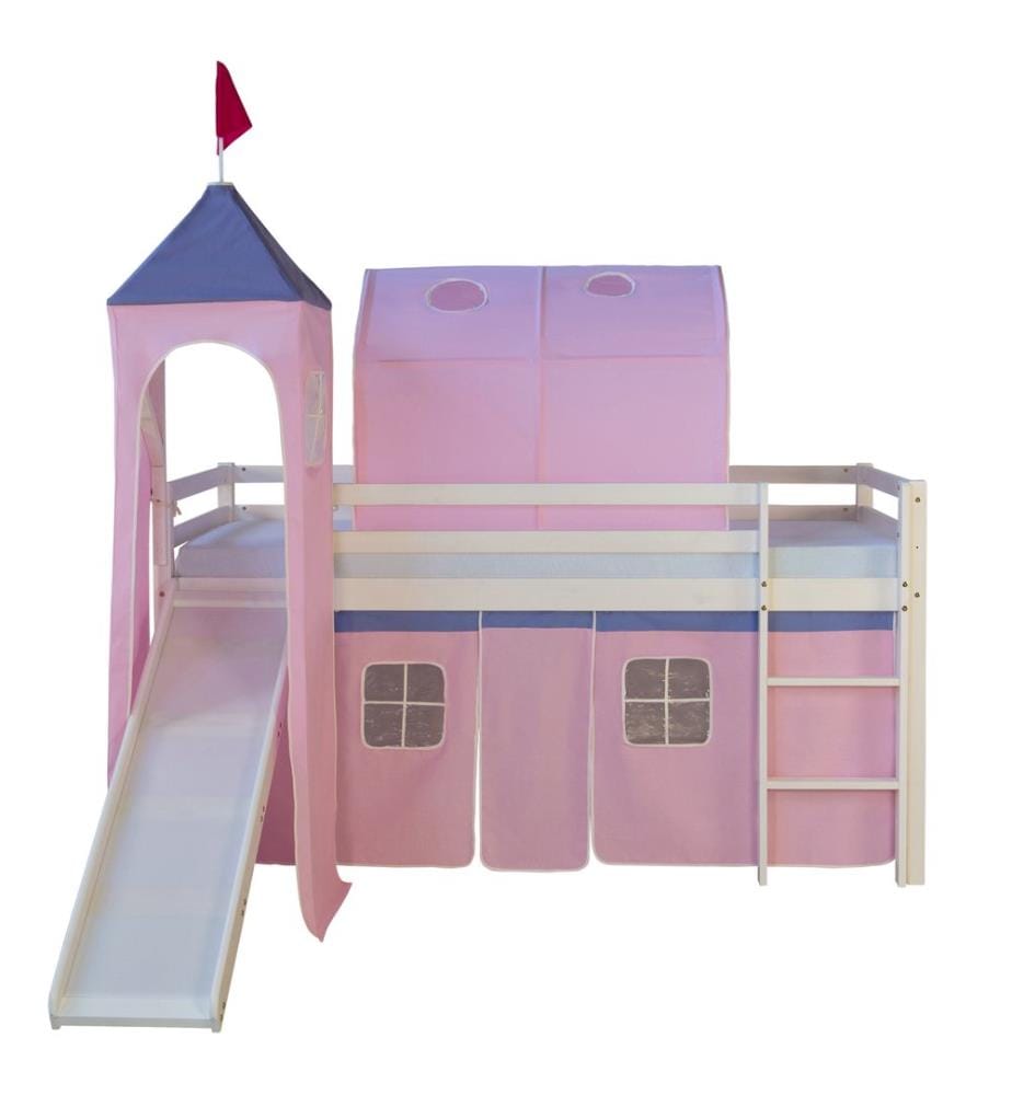 Hochbett Kinderbett 90x200 cm aus Holz Weiss-Pink