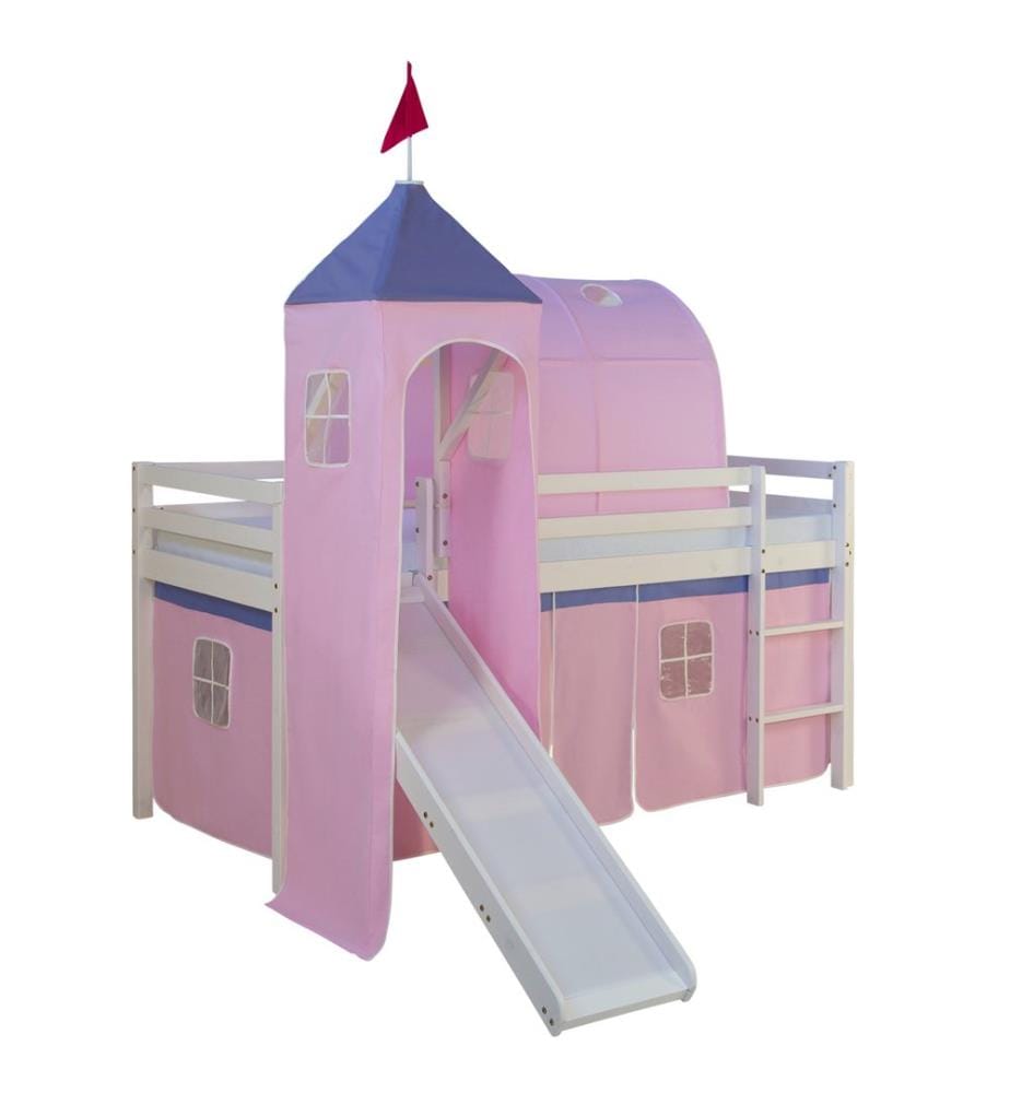 Hochbett Kinderbett 90x200 cm aus Holz Weiss-Pink
