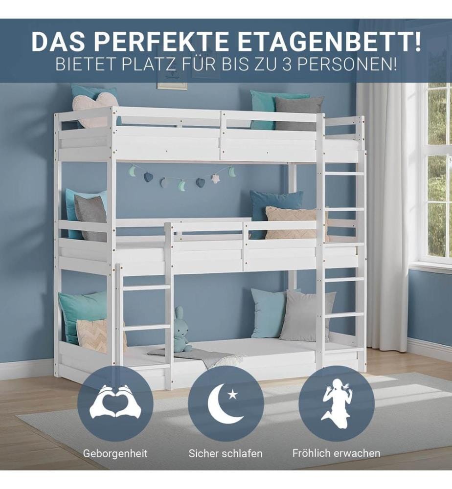 Letto a soppalco Letto triplo Letto per bambini 90x200 cm in legno Bianco