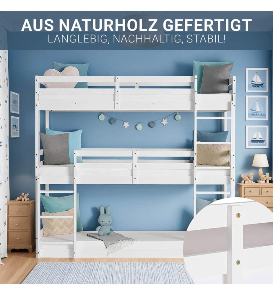 Letto a soppalco Letto triplo Letto per bambini 90x200 cm in legno Bianco
