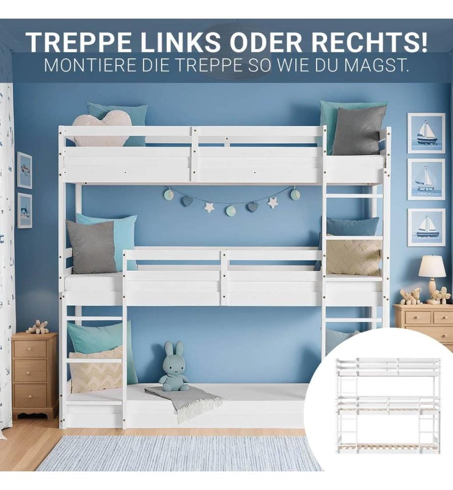 Letto a soppalco Letto triplo Letto per bambini 90x200 cm in legno Bianco