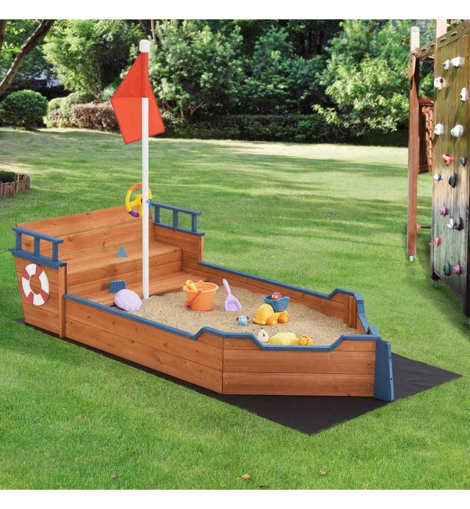 Bac à sable Mestia style bateau pirate 136 x 193 x 94 cm, bois naturel