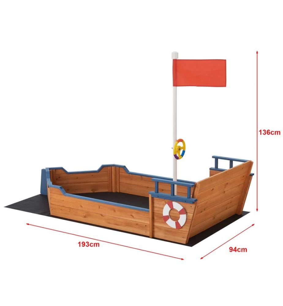 Bac à sable Mestia style bateau pirate 136 x 193 x 94 cm, bois naturel