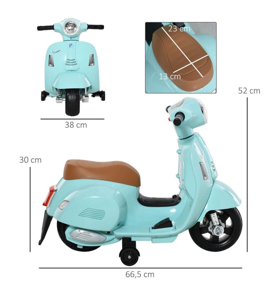 Moto électrique pour enfants Vespa avec roues d'appui, couleur turquoise