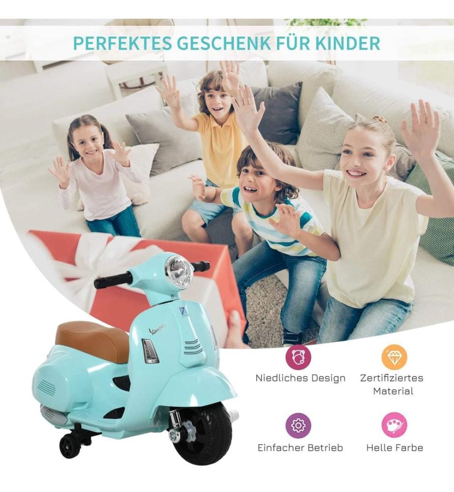 Moto électrique pour enfants Vespa avec roues d'appui, couleur turquoise