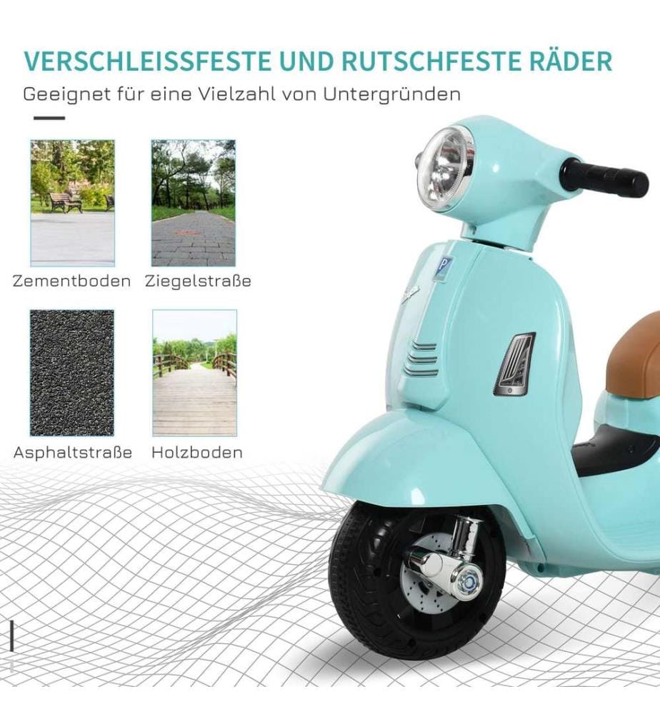 Moto électrique pour enfants Vespa avec roues d'appui, couleur turquoise
