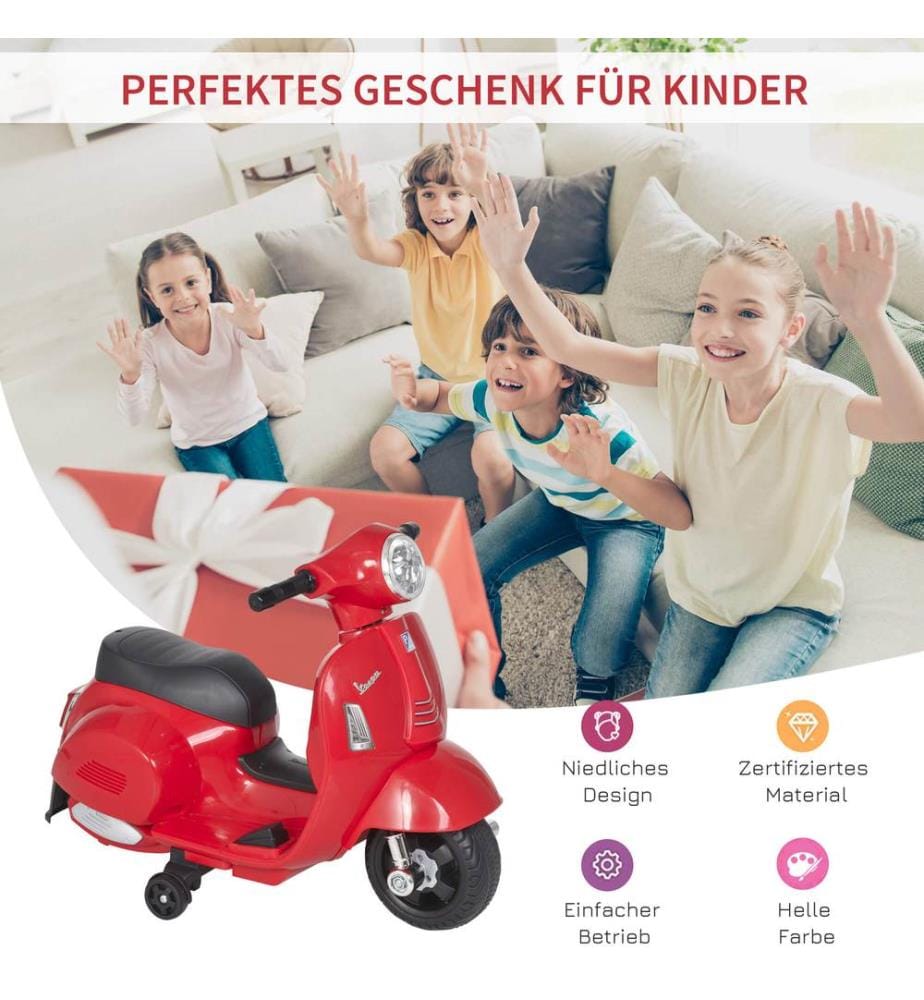 Moto électrique pour enfants Vespa avec roues d'appui, rouge