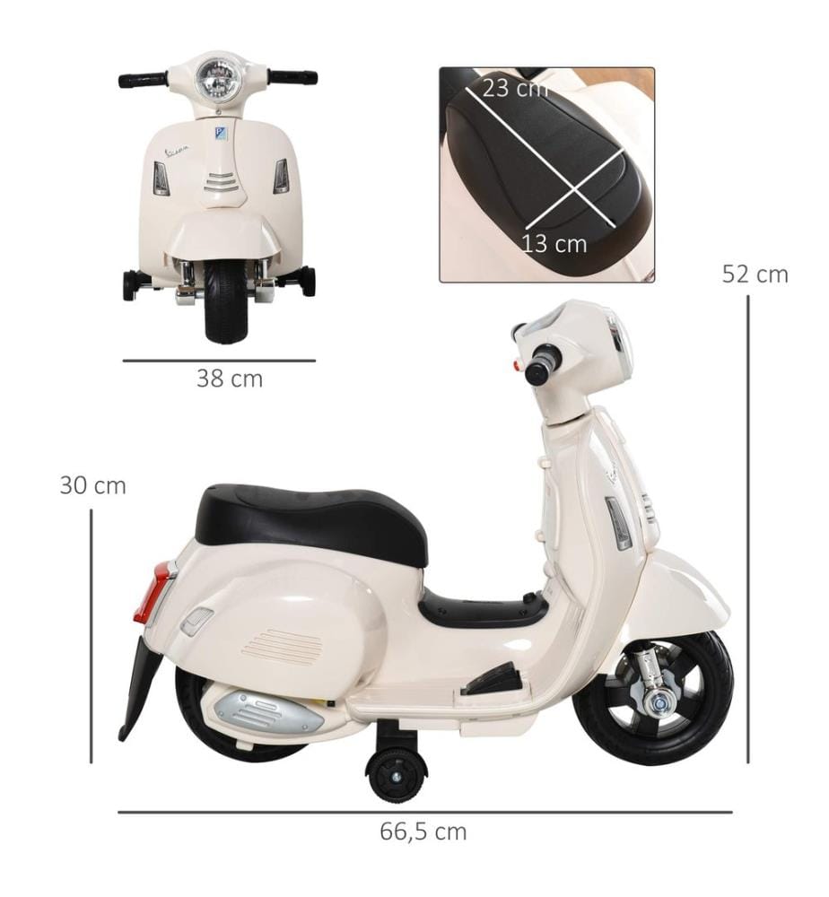 Moto électrique pour enfants Vespa avec roues d'appui, blanche