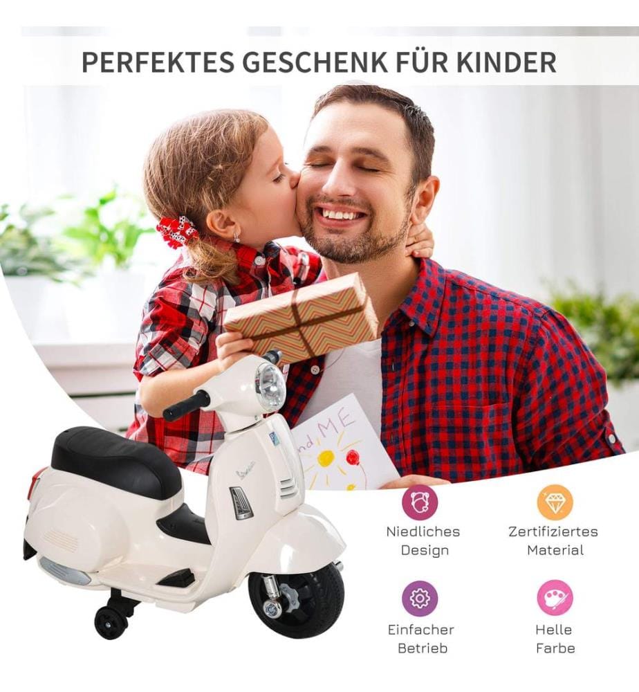 Moto électrique pour enfants Vespa avec roues d'appui, blanche