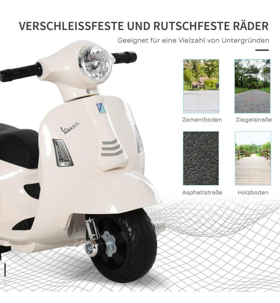 Moto électrique pour enfants Vespa avec roues d'appui, blanche