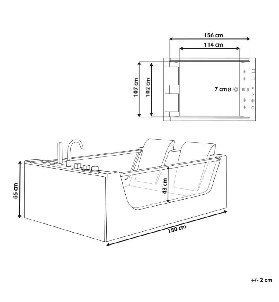 Baignoire d'angle à remous avec LED CURACAO 180 x 120 cm Blanc