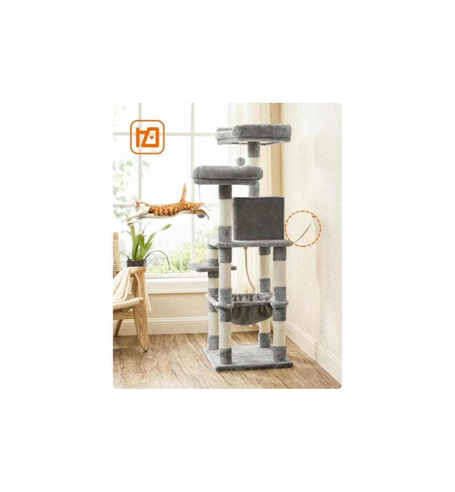 Feandrea - Kratzbaum mit Hängematte 143 cm, Grau/Beige