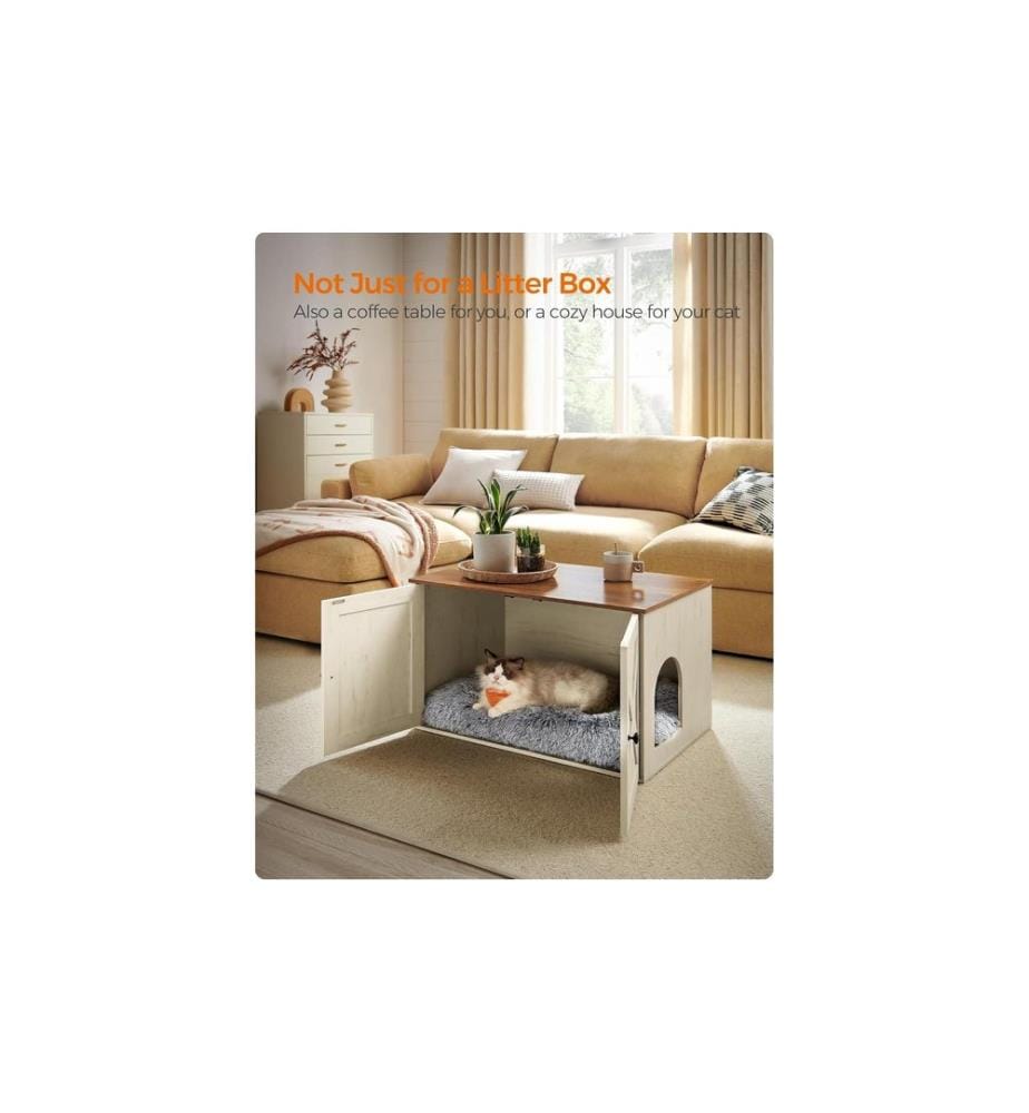 Feandrea - Maisonnette pour chat pour les toilettes 80 x 53 x 50 cm, Brun/Blanc