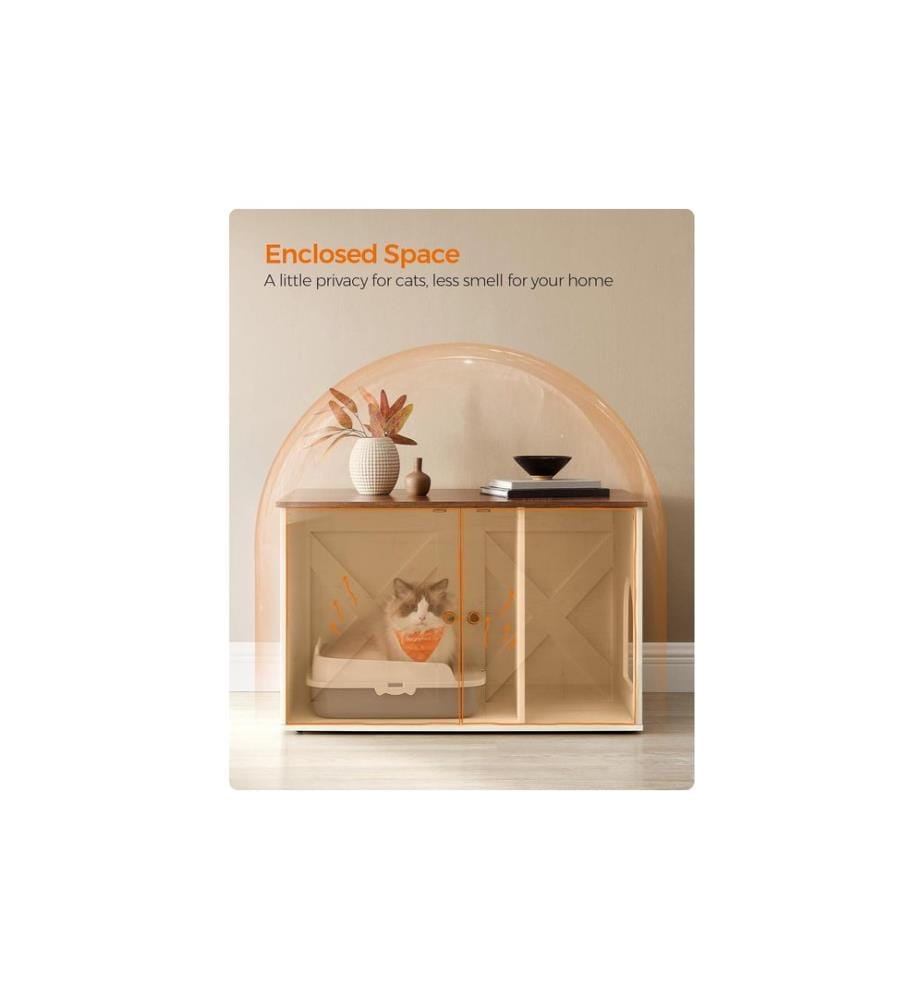 Feandrea - Maisonnette pour chat pour les toilettes 80 x 53 x 50 cm, Brun/Blanc
