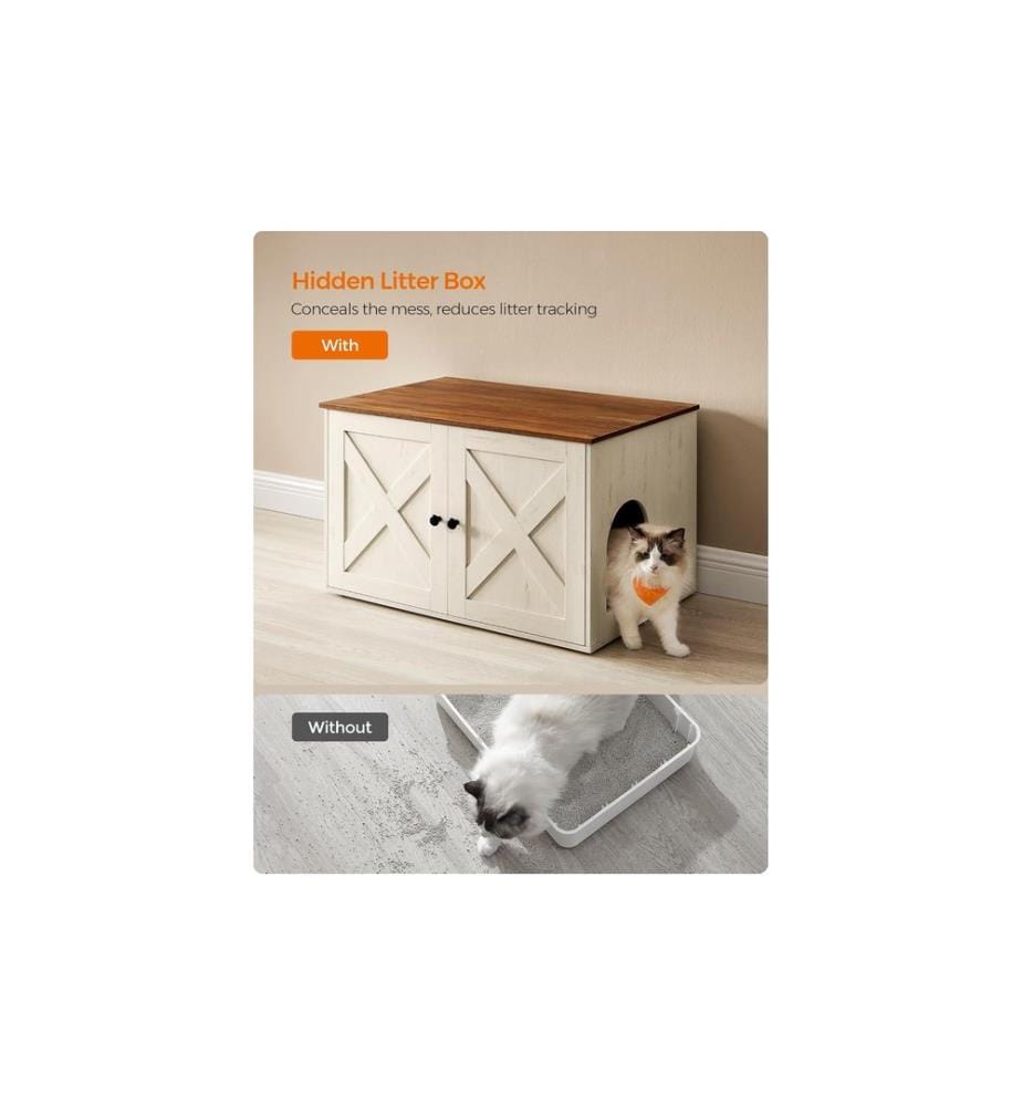 Feandrea - Maisonnette pour chat pour les toilettes 80 x 53 x 50 cm, Brun/Blanc