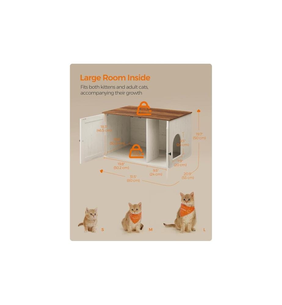 Feandrea - Maisonnette pour chat pour les toilettes 80 x 53 x 50 cm, Brun/Blanc