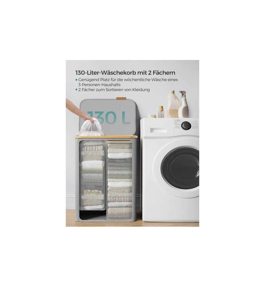 Songmics - Corbeille à linge pliable avec 2 compartiments 130 l, Gris