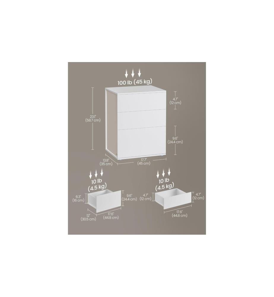Songmics - Table de nuit avec 3 tiroirs 45 x 58.7 cm, Blanc