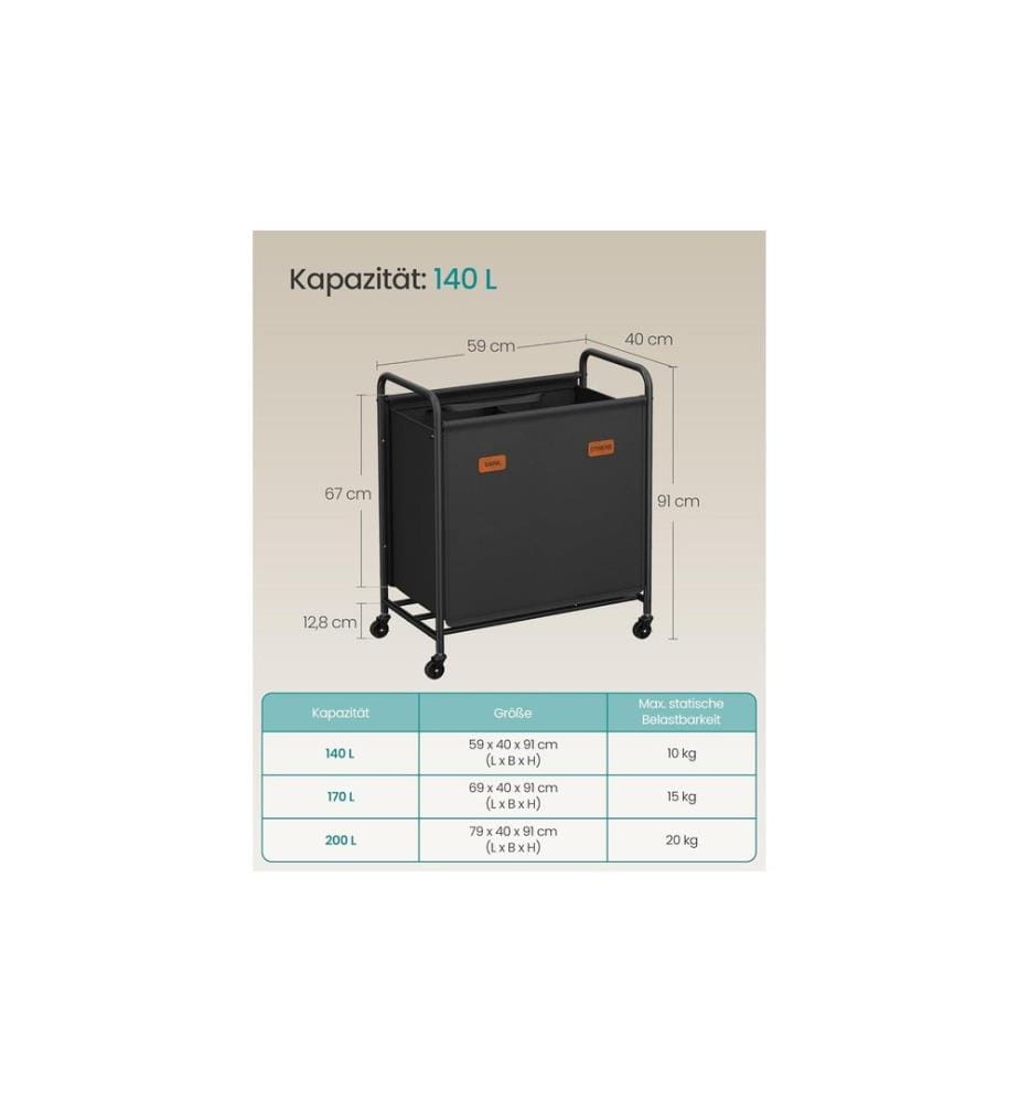 Songmics - Corbeille à linge avec roues 140 l, Noir
