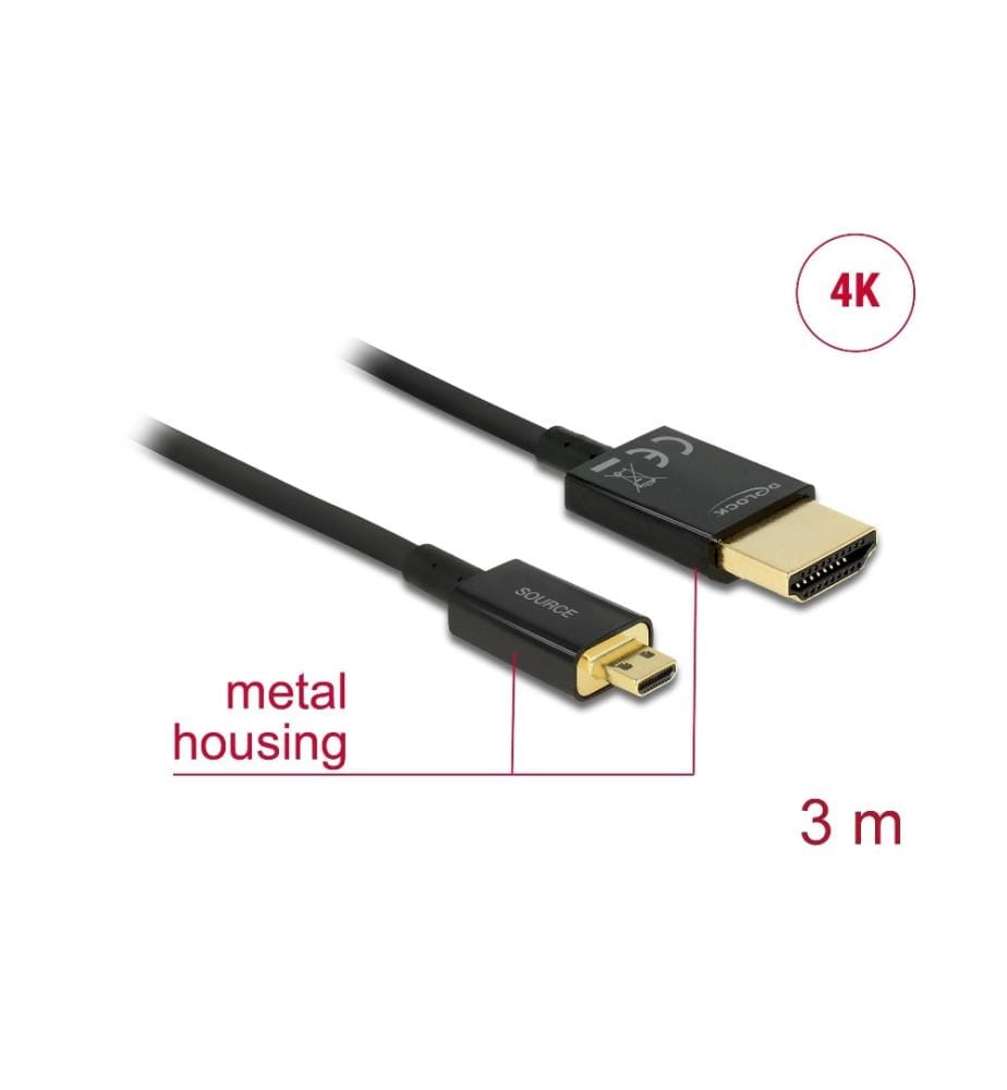 DELOCK - Câble 4K 60Hz HDMI - Micro HDMI (HDMI-D), 3 m, Noir