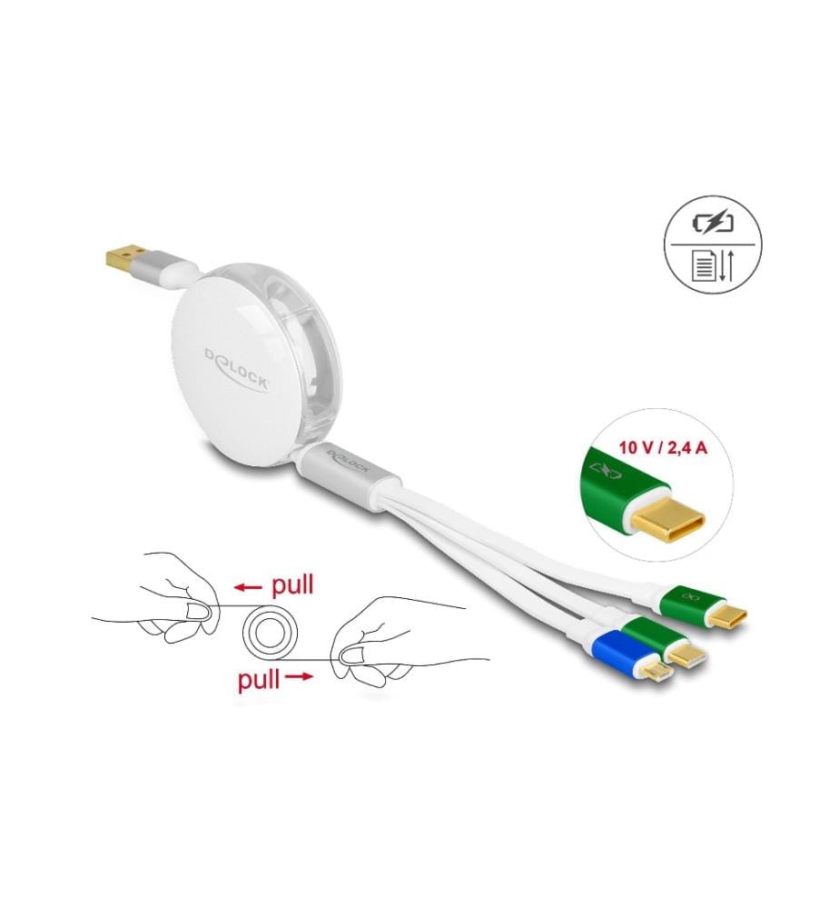 DELOCK - Câble USB 2.0 USB A – Micro-USB B/2x USB C 1.13 m, Blanc