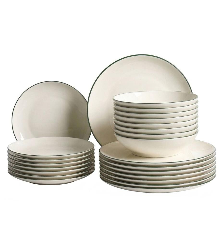 Set of 24 Dinnerware CUMIN Porcelain Off-White/ Green